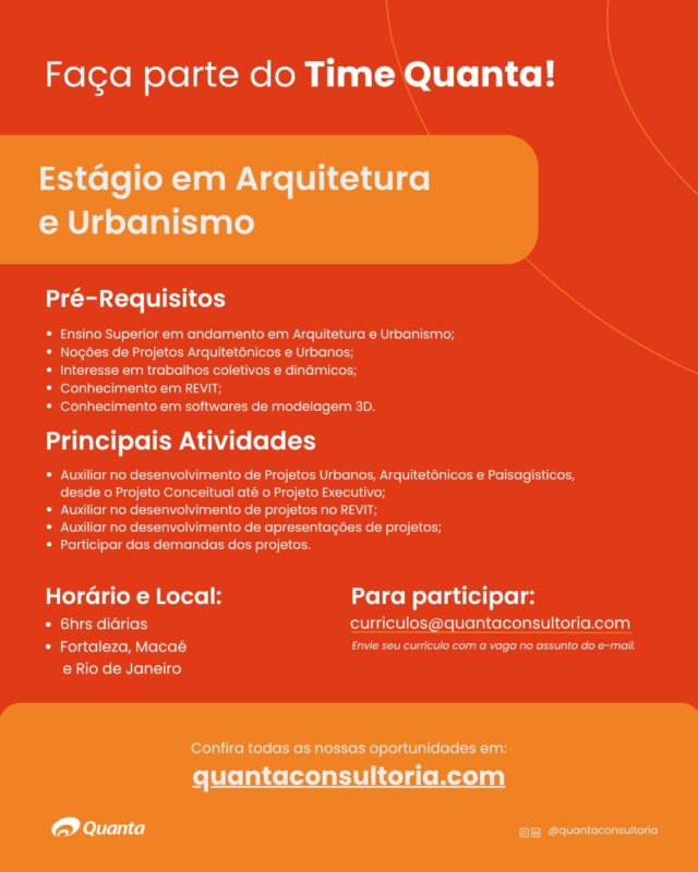 🚨 Tem oportunidade na Quanta!
De estágio em Arquitetura a vaga em Design, passando por funções administrativas e técnicas, tem vaga para vários perfis.

🌱 Aqui o trabalho é coletivo, com propósito e impacto.
Quer fazer parte de uma equipe que transforma territórios?

🔗 Confira todas as vagas disponíveis no nosso site: Acesse o link da bio! 

#VagasAbertas #Arquitetura #Design #Engenharia #Consultoria
