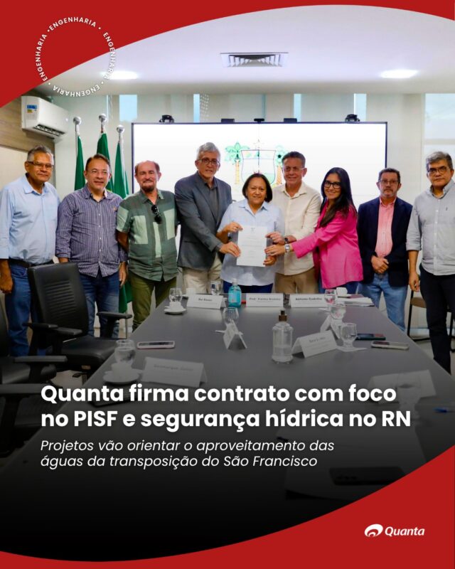 Quanta firma contrato com o Governo do RN para ações em segurança hídrica.

Foi assinada nesta segunda-feira (09/06) a Ordem de Serviço que marca o início do contrato de consultoria técnica entre a Quanta, em consórcio com a TPF Engenharia, e a SERMARH – Secretaria de Meio Ambiente e Recursos Hídricos do Rio Grande do Norte.

O objetivo do contrato é a elaboração de estudos e projetos estratégicos voltados à segurança hídrica do estado, com base nas diretrizes do PISF – Projeto de Integração do Rio São Francisco.

A cerimônia contou com a presença da Governadora Fátima Bezerra. A Quanta foi representada por seu diretor Rui Santiago. A iniciativa fortalece o compromisso da empresa com a oferta de soluções técnicas e sustentáveis voltadas à gestão de recursos hídricos em larga escala.

👉 Leia matéria completa no nosso site! Acesse no link da bio!