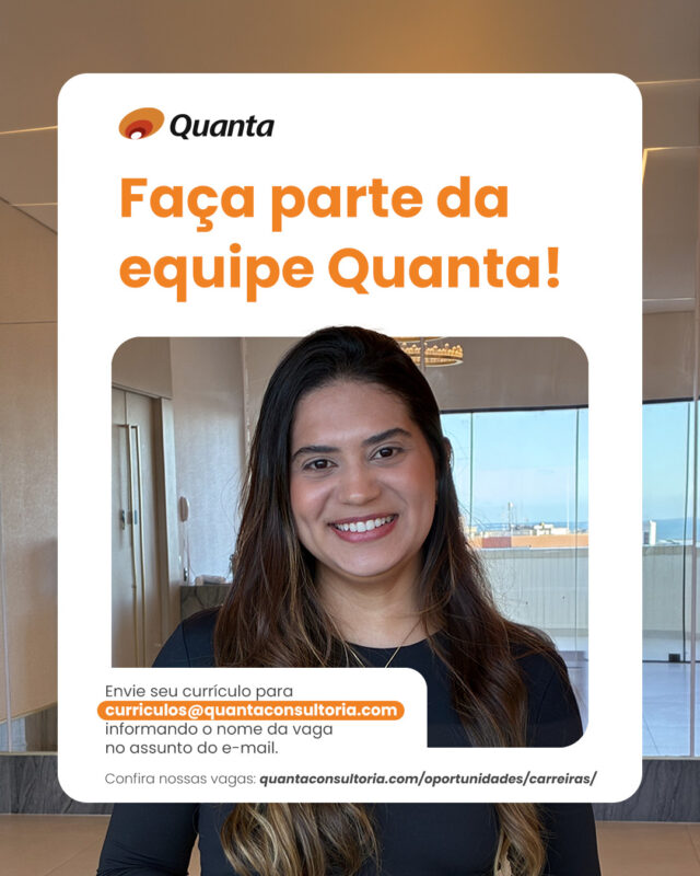 Quer atuar em um ambiente colaborativo, interdisciplinar e conectado a projetos que envolvem diferentes áreas, territórios e desafios? O próximo passo da sua carreira pode acontecer na Quanta. Estamos com vagas abertas. 🧡 Por aqui, o trabalho se constrói no dia a dia: nas trocas, nos aprendizados, nos desafios de cada projeto e na responsabilidade de contribuir com soluções que fazem diferença. Confira as oportunidades disponíveis e candidate-se enviando seu currículo por e-mail, com a vaga desejada no assunto. #VagasQuanta #TrabalheConosco #Vagas #Oportunidades #Carreiras
