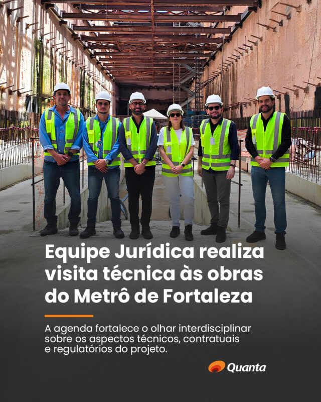 A equipe jurídica da Quanta realizou uma visita técnica às obras da Linha Leste do Metrô de Fortaleza, reforçando a integração entre os aspectos técnicos, contratuais, regulatórios e institucionais do empreendimento. No âmbito do contrato, o Jurídico acompanha: • Trâmites contratuais da gerenciadora; • Questões regulatórias e de compliance; • Interface com órgãos públicos e empresas executoras. A agenda permitiu ampliar a compreensão sobre os desafios do projeto e fortalecer a atuação conjunta entre as diferentes áreas envolvidas, contribuindo para análises mais precisas, decisões mais seguras e entregas de maior qualidade. #QuantaConsultoria #MetrôDeFortaleza #Infraestrutura #GestãoDeProjetos #Compliance
