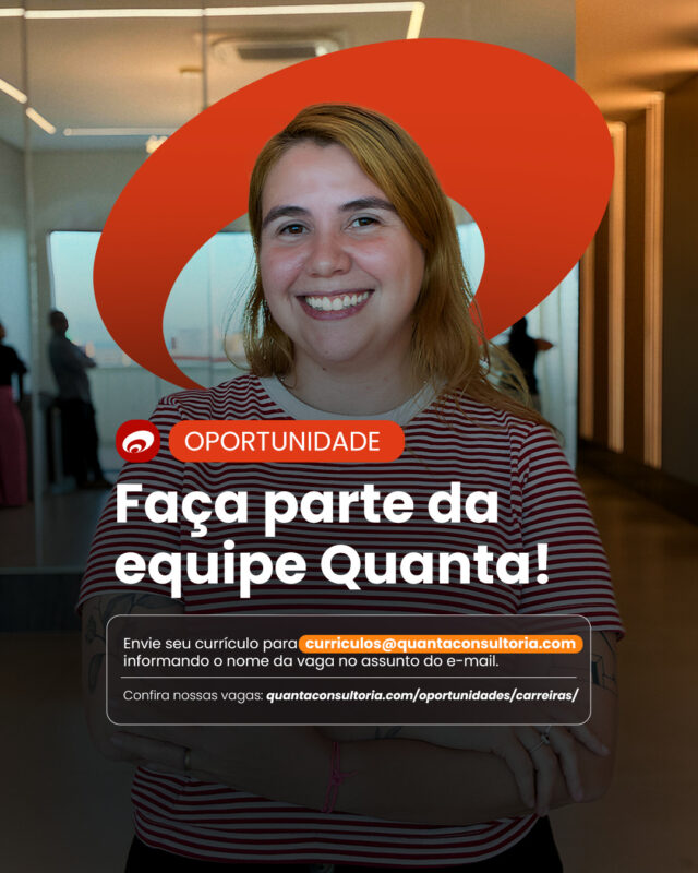 Quer atuar em um ambiente colaborativo, interdisciplinar e conectado a projetos que envolvem diferentes áreas, territórios e desafios? O próximo passo da sua carreira pode acontecer na Quanta. Estamos com vagas abertas em Fortaleza. 🧡 Por aqui, o trabalho se constrói no dia a dia: nas trocas, nos aprendizados, nos desafios de cada projeto e na responsabilidade de contribuir com soluções que fazem diferença. Confira as oportunidades disponíveis e candidate-se enviando seu currículo por e-mail, com a vaga desejada no assunto. #VagasQuanta #TrabalheConosco #VagasFortaleza #Oportunidades #Carreiras